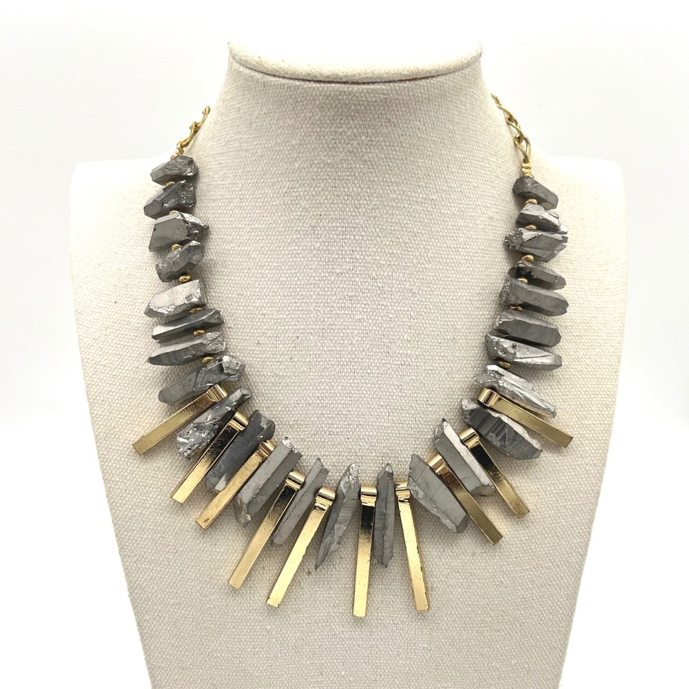 Titanium Coated Quartz Icicle Statement Bib Necklace Gold Tone Grey Crystal